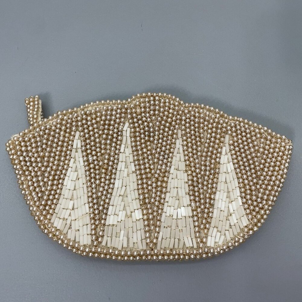 Vintage Beaded Clutch Evening Purse Makeup Bag Zip Top Faux String Pearls Small - Picture 2 of 12